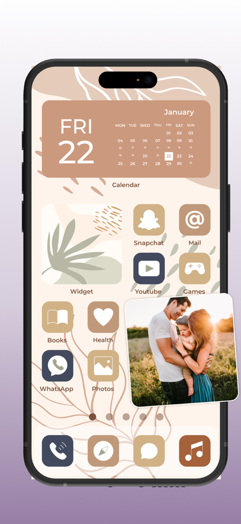 Aesthetic iPhone home screen featuring custom beige icons and a calendar widget