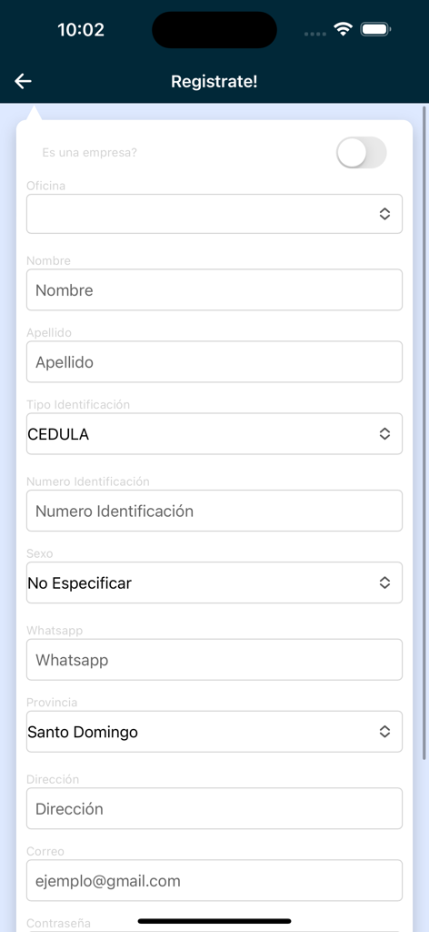 Extreme Paq - Registration form for the Extreme Paq courier app with fields for name, ID, and address
