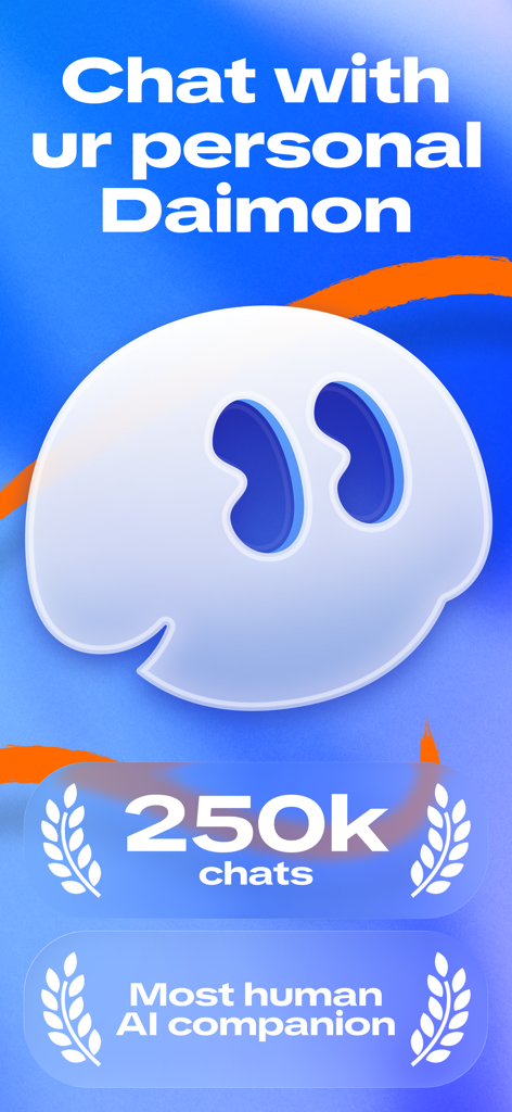 Promotional graphic for the Daimon app featuring a friendly character and awards for being a top AI companion