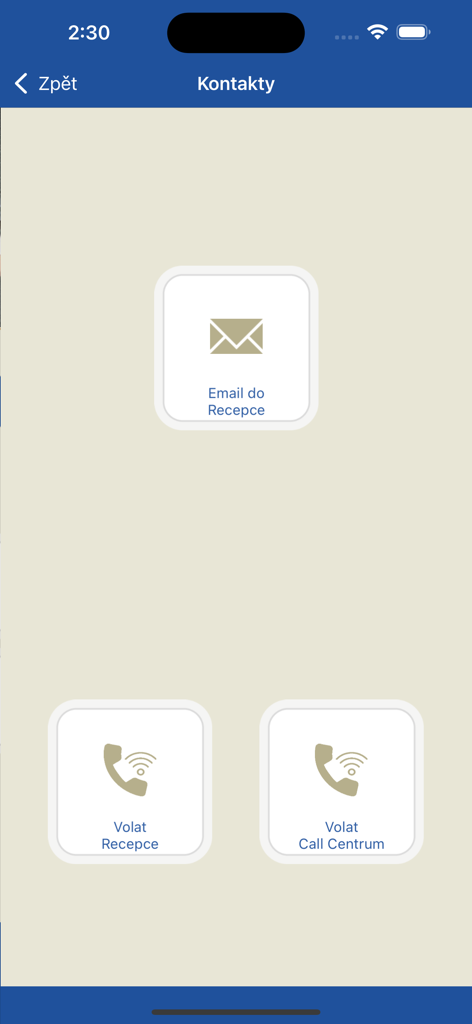 Pantalla de contacto de la aplicación HealthPlus con botones para enviar un correo electrónico a la recepción, llamar a la recepción y llamar al centro de llamadas
