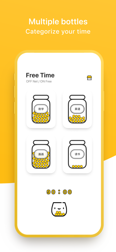 FreeTime-a productive Timer - Interfaz minimalista de aplicación de productividad que muestra frascos para categorizar sesiones de concentración.
