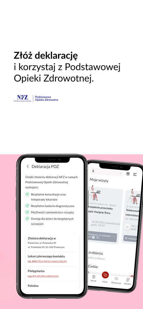 Two smartphone screens showing the Portal Pacjenta CMP app interface for primary healthcare declarations and managing medical visits