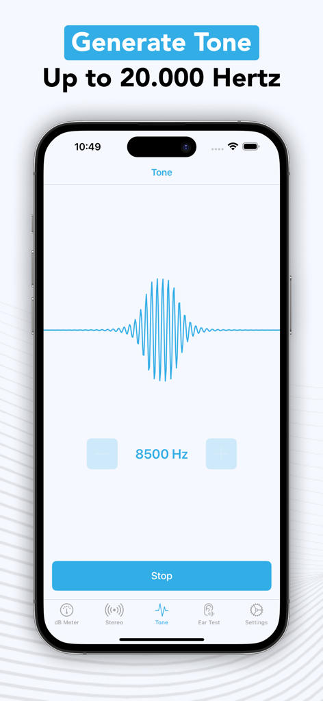 Decibel - dB Sound Level Meter - Interface of the Decibel app showing a high frequency tone generator set to 8500 Hertz