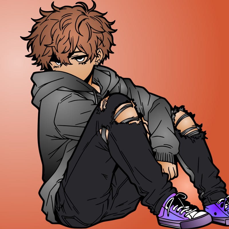 a male hoddie ripped jeans messy hair anime