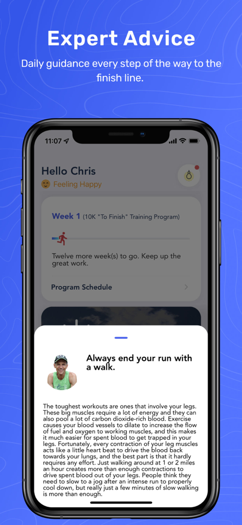 Jeff Galloway Run Walk Run - Mobile app interface for Jeff Galloway Run Walk Run featuring expert training advice and a 10K run program tracker