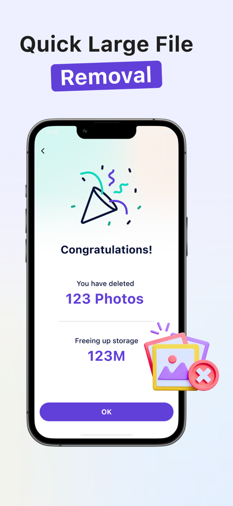 DocClear:clean my phone - Un smartphone que muestra una pantalla de éxito de DocClear que dice ¡Felicitaciones, has eliminado 123 fotos liberando 123M de almacenamiento.