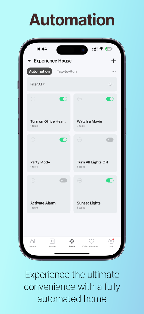 Calex Smart - Benutzeroberfläche der Calex Smart App zeigt verschiedene Hausautomatisierungsroutinen wie Party-Modus und Sonnenuntergangsbeleuchtung.