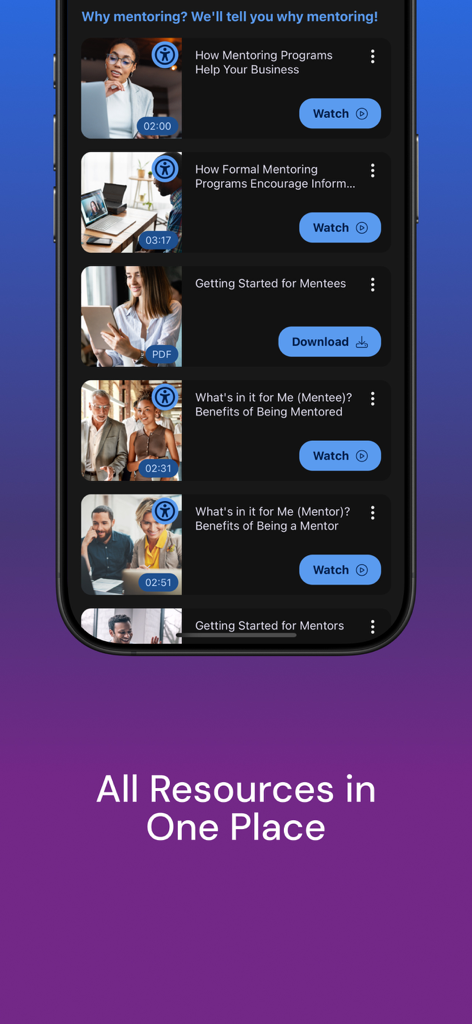 MentorcliQ - MentorcliQ app interface showing educational videos and PDF guides for corporate mentoring programs