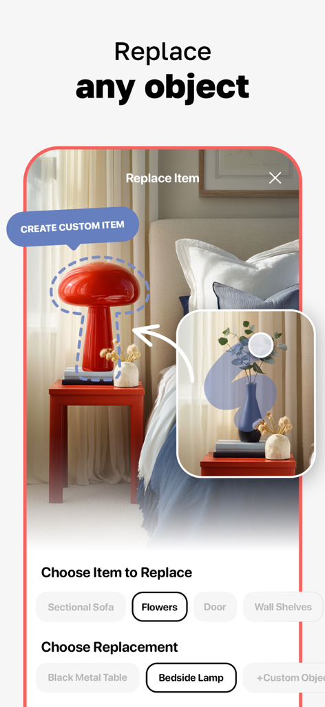 AI Home Design: DecoLab - AI app interface showing how to replace a bedroom lamp with a custom design using AI Home Design DecoLab