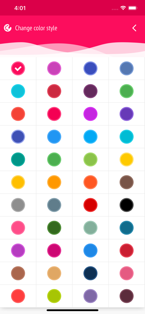 Diary - Journal with password - Interface for choosing a color theme in the diary app with a grid of colorful swatches