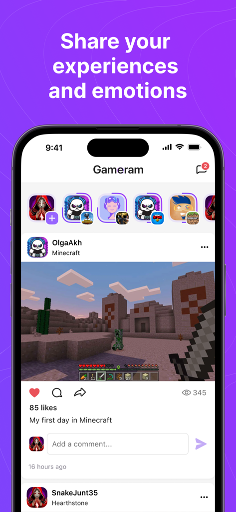 Gameram social feed showing a Minecraft game screenshot post