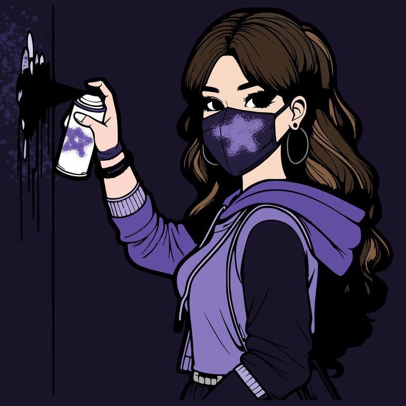 realistic girl with mask spray painting a wall