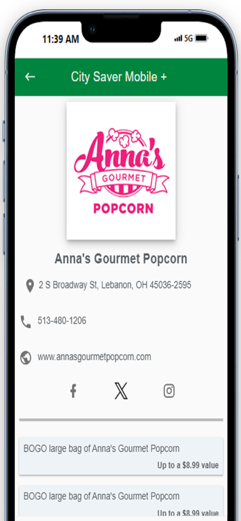City Saver Mobile Plus - City Saver Mobile Plus app screen showing local business coupons for Annas Gourmet Popcorn
