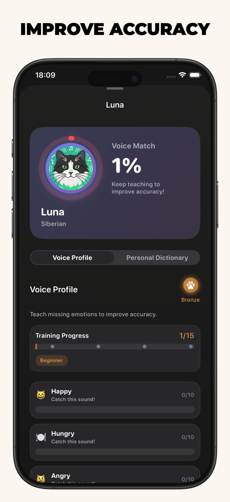 Catify app interface showing the voice profile training screen for a cat named Luna to improve translation accuracy