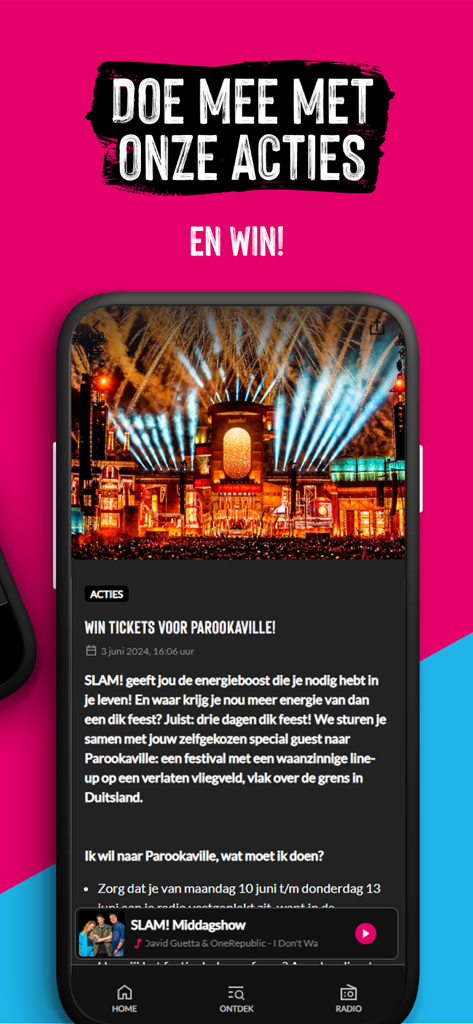 Benutzeroberfläche der SLAM!-App, die einen Wettbewerb zum Gewinn von Festivaltickets zeigt