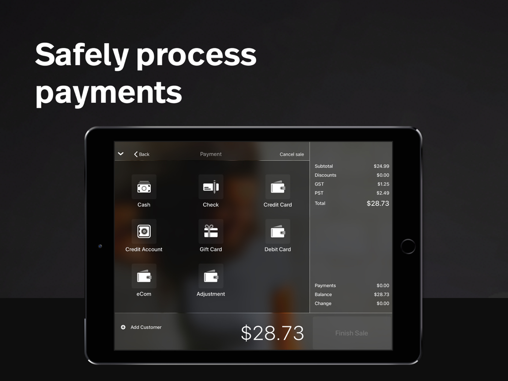 Interface de pagamento do Lightspeed Retail POS no iPad mostrando vários métodos de pagamento.