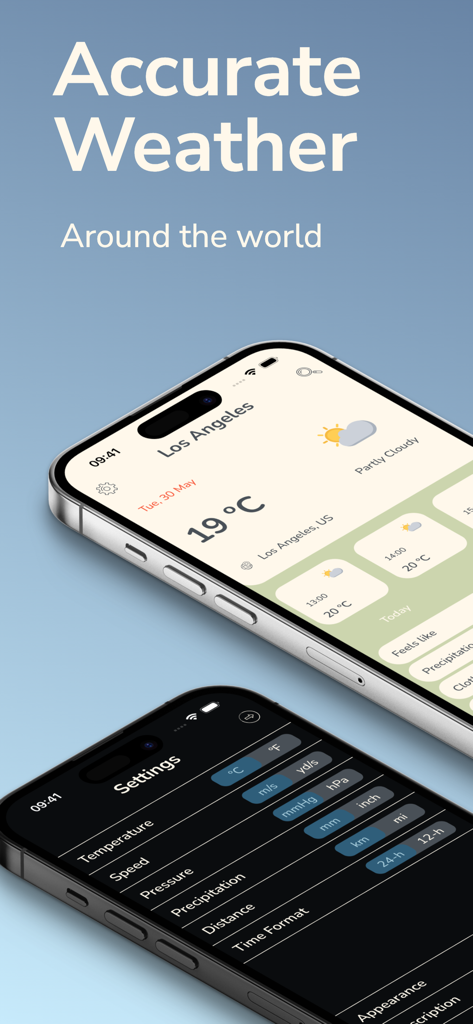 Sunny: Weather Forecast - Two iPhones displaying the Sunny weather forecast app interface in light and dark modes