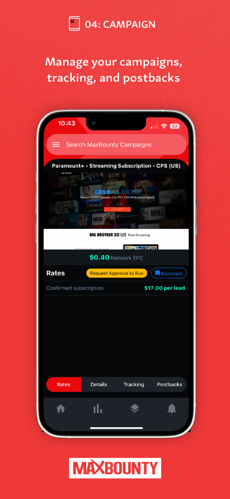 MaxBounty - MaxBounty app campaign dashboard showing offer rates and performance tracking for affiliate marketers.