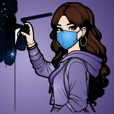 realistic girl with mask spray painting a wall