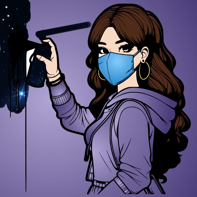 realistic girl with mask spray painting a wall