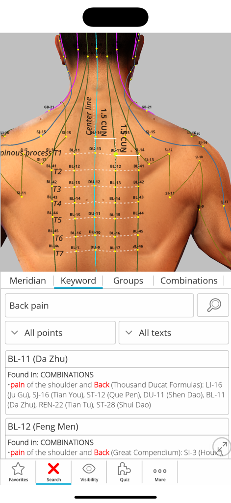 Visual Acupuncture 3D - A 3D anatomical model showing acupuncture points on the human back with a search tool for back pain indications