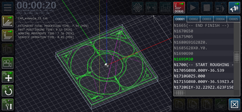 CNC VMC Simulator - Interface of the CNC VMC Simulator app showing a 3D toolpath visualization and G-code programming code