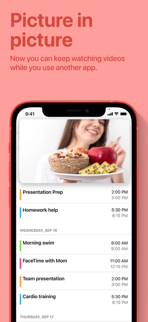 Women Fitness - Lose Belly Fat - Pantalla de smartphone que muestra un video de imagen en imagen de una aplicación de fitness superpuesta a un horario diario