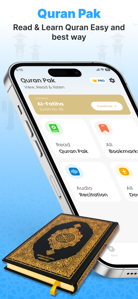 Qibla Finder & Namaz - Digital Quran Pak mobile app interface on a smartphone showing reading and listening options next to a physical Quran.