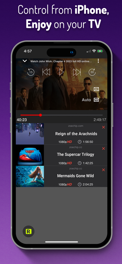 Cast Web Videos to Roku TV - Interfaz de iPhone de la aplicación de transmisión Roku que muestra los controles de reproducción de video y una cola para maratones