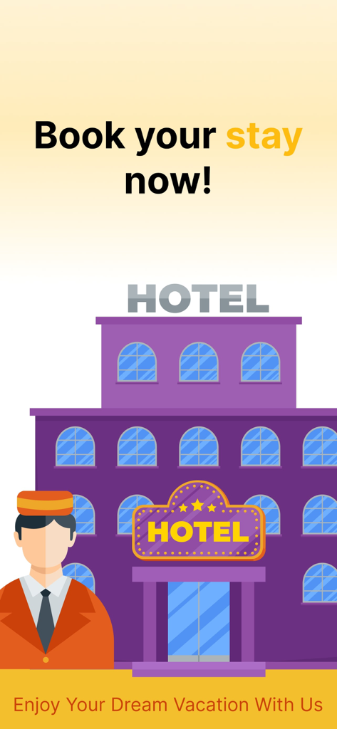 YPay: Card & Payments - Illustration of a hotel and bellhop for the hotel booking feature in the YPay app