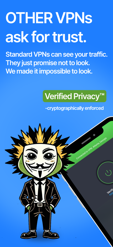 Gráfico promocional de VP.NET VPN que explica la privacidad verificada y la aplicación criptográfica con una mascota anónima.