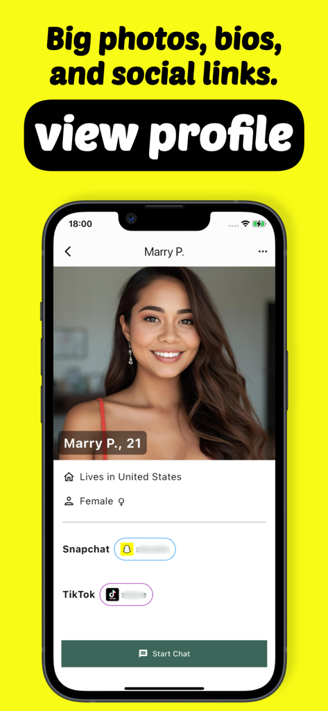 AddMeS - make new friends - Screenshot showing a user profile on the AddMeS app with a profile photo and social media links for Snapchat and TikTok