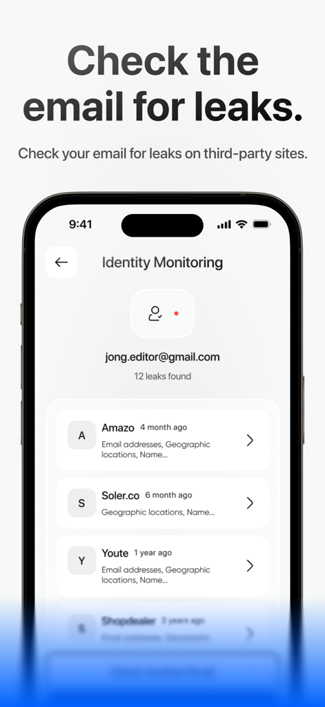 SafeX app screen showing the Identity Monitoring feature with email leak search results from various websites