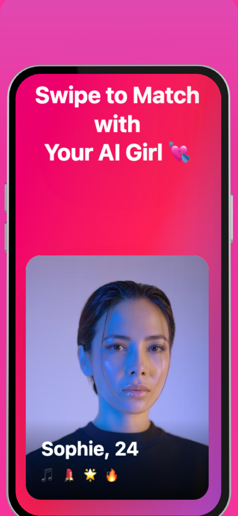 Lovia AI Girlfriend swipe to match interface featuring an AI profile named Sophie