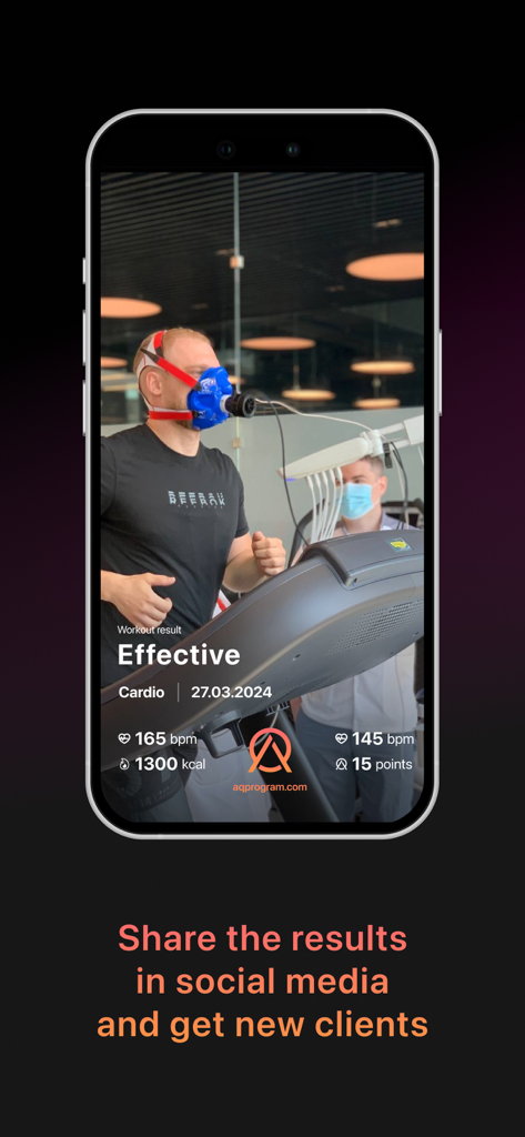 AQ Trainer - iPhone screen showing AQ Trainer workout statistics and social media sharing prompt for fitness professionals