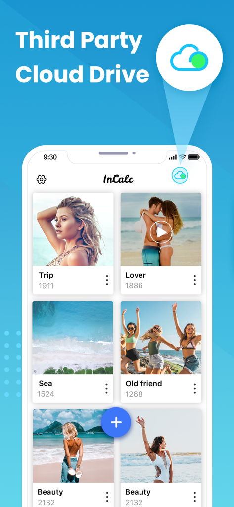 InCalc - InCalc app interface showing private photo albums and cloud drive backup option