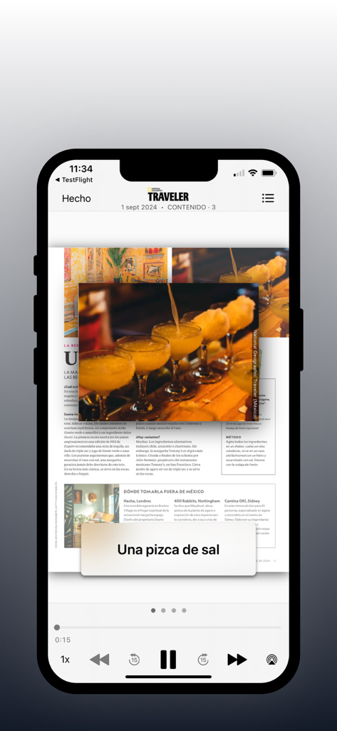 Editorial Televisa - Editorial Televisa app showing a National Geographic Traveler magazine article in Spanish with audio playback controls.
