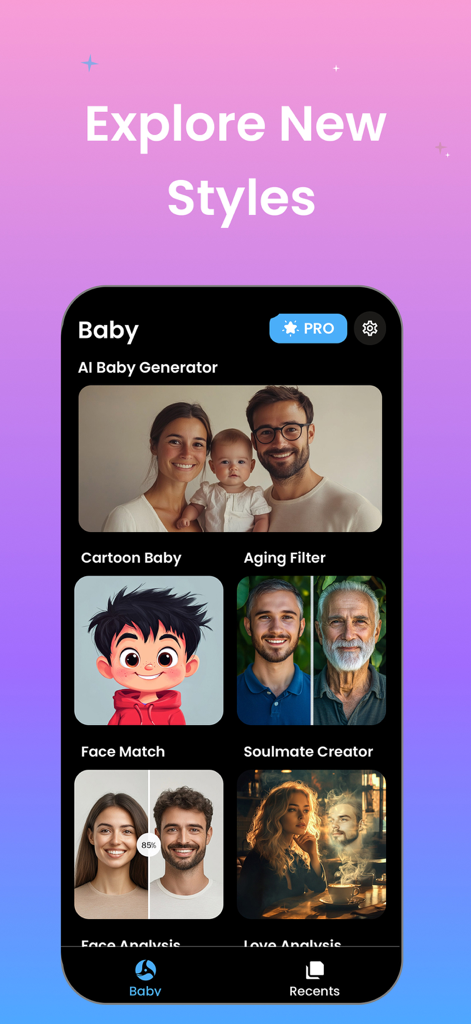 Pantalla principal de la aplicación Generador de Bebés IA mostrando varias funciones de IA como predicción de bebés y filtros de envejecimiento