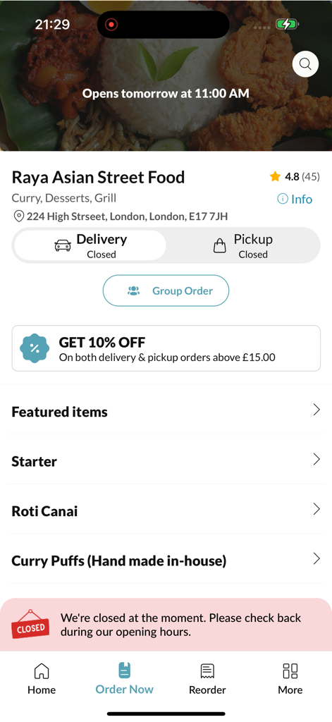 Raya Asian Street Food - Home screen of the Raya Asian Street Food app displaying menu categories and a ten percent discount offer