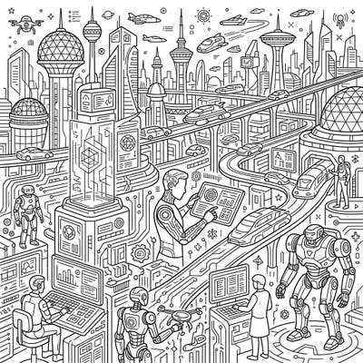 Dive into an intricate world of innovation with this futuristic cityscape coloring page. Bring to life a bustling metropolis filled with advanced technology, robots, and soaring vehicles.