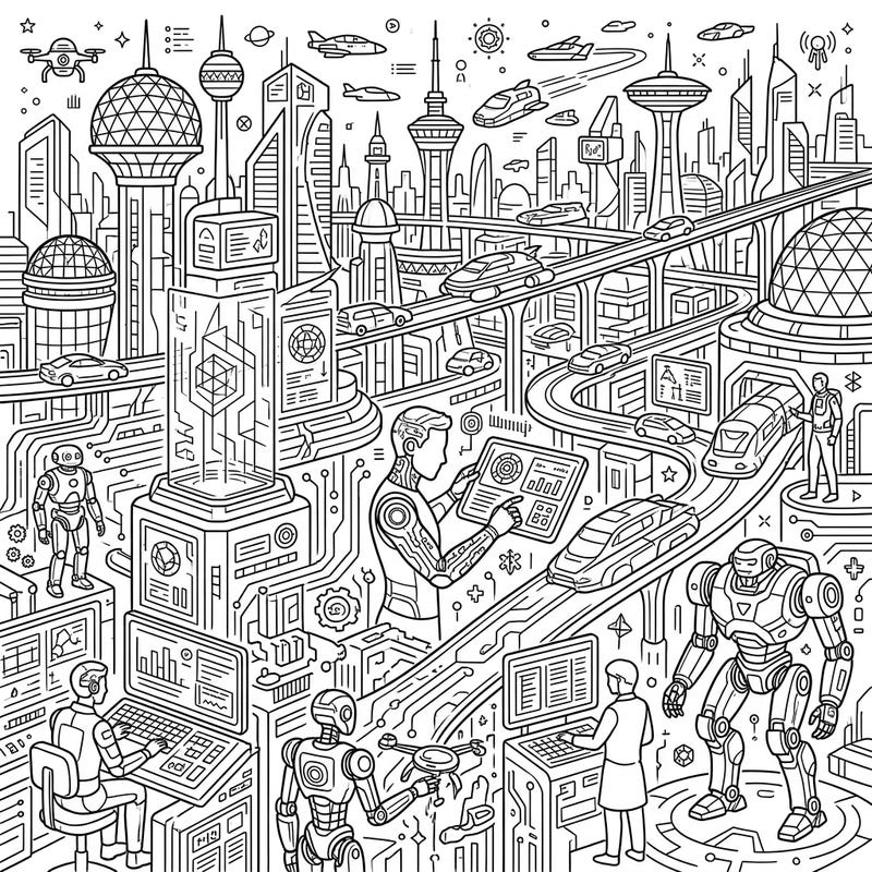 Dive into an intricate world of innovation with this futuristic cityscape coloring page. Bring to life a bustling metropolis filled with advanced technology, robots, and soaring vehicles.