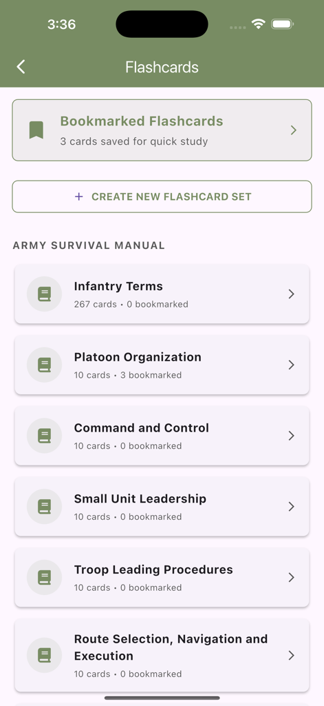 Infantry Platoon app flashcards screen showing study categories for army doctrine like infantry terms and platoon organization