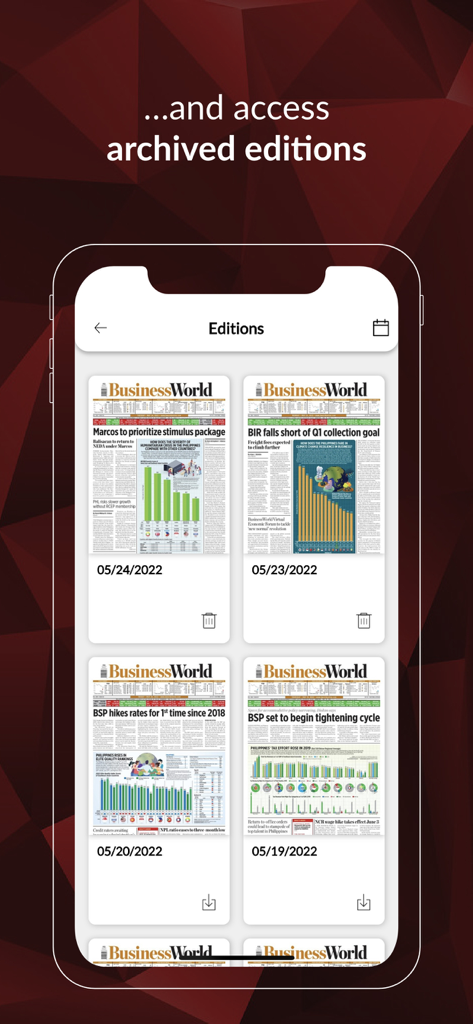 BusinessWorld Philippines - BusinessWorld Philippines app interface showing a list of archived newspaper editions organized by date