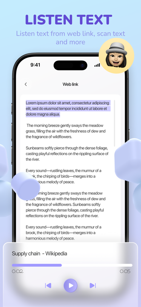 Smartphone showing AI Text to Speech Reader app converting a web link into audio with a media player interface.