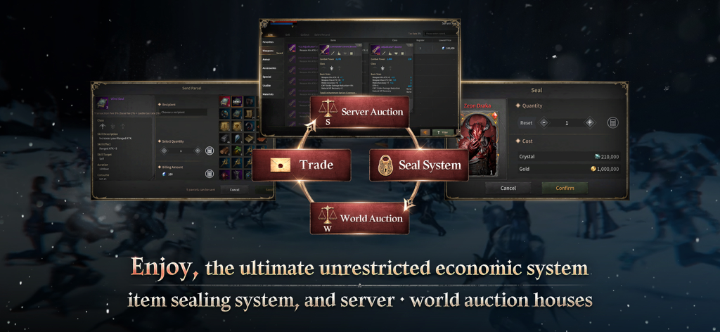 ROM: Golden Age - Screenshot of ROM Golden Age showing the unrestricted economic system including server auction trade and item sealing menus