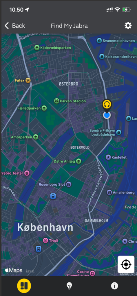 Map view in the Jabra Sound plus app showing the location of connected headphones via the Find My Jabra feature