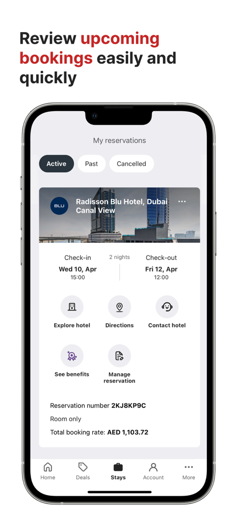 Radisson Hotels Stays - Interface de l'application Radisson Hotels montrant une réservation active pour un hôtel Radisson Blu à Dubaï
