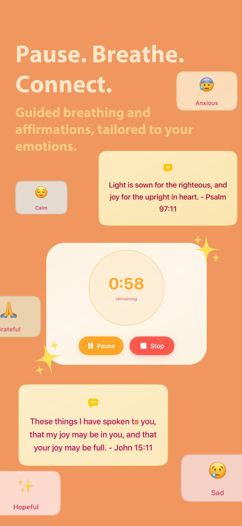 Verseful: Daily Bible & Prayer - The Verseful app interface showing a breathing timer along with Bible verses categorized by emotions like anxious and calm.