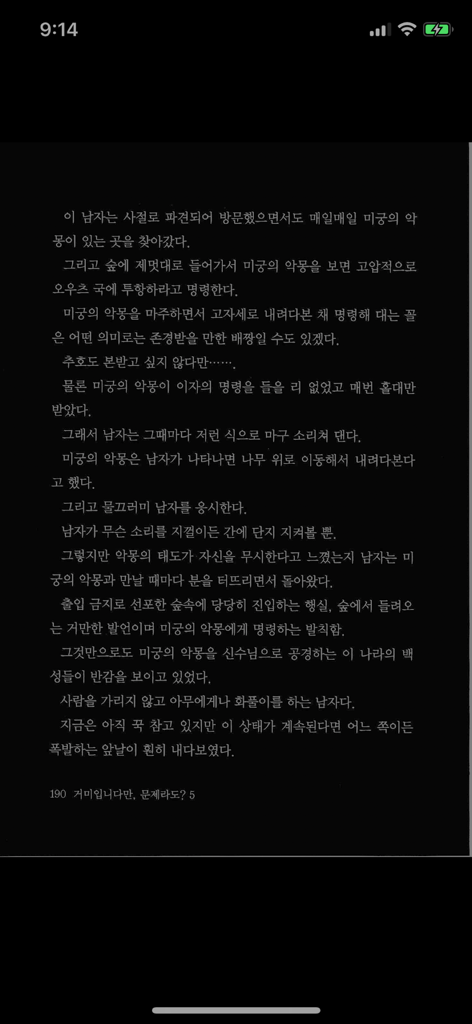 Pantalla móvil mostrando texto de novela ligera coreana en modo nocturno con un fondo oscuro.