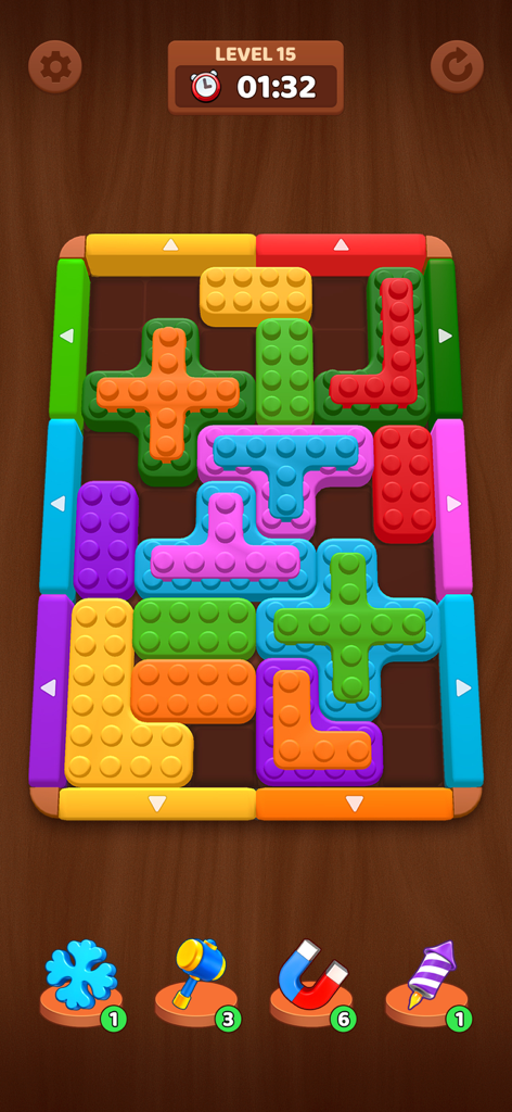 Color Block Puzzle: 3D Jam - A screenshot of Level 15 in Color Block Puzzle 3D Jam showing colorful interlocking blocks on a wooden grid with power-up icons at the bottom.